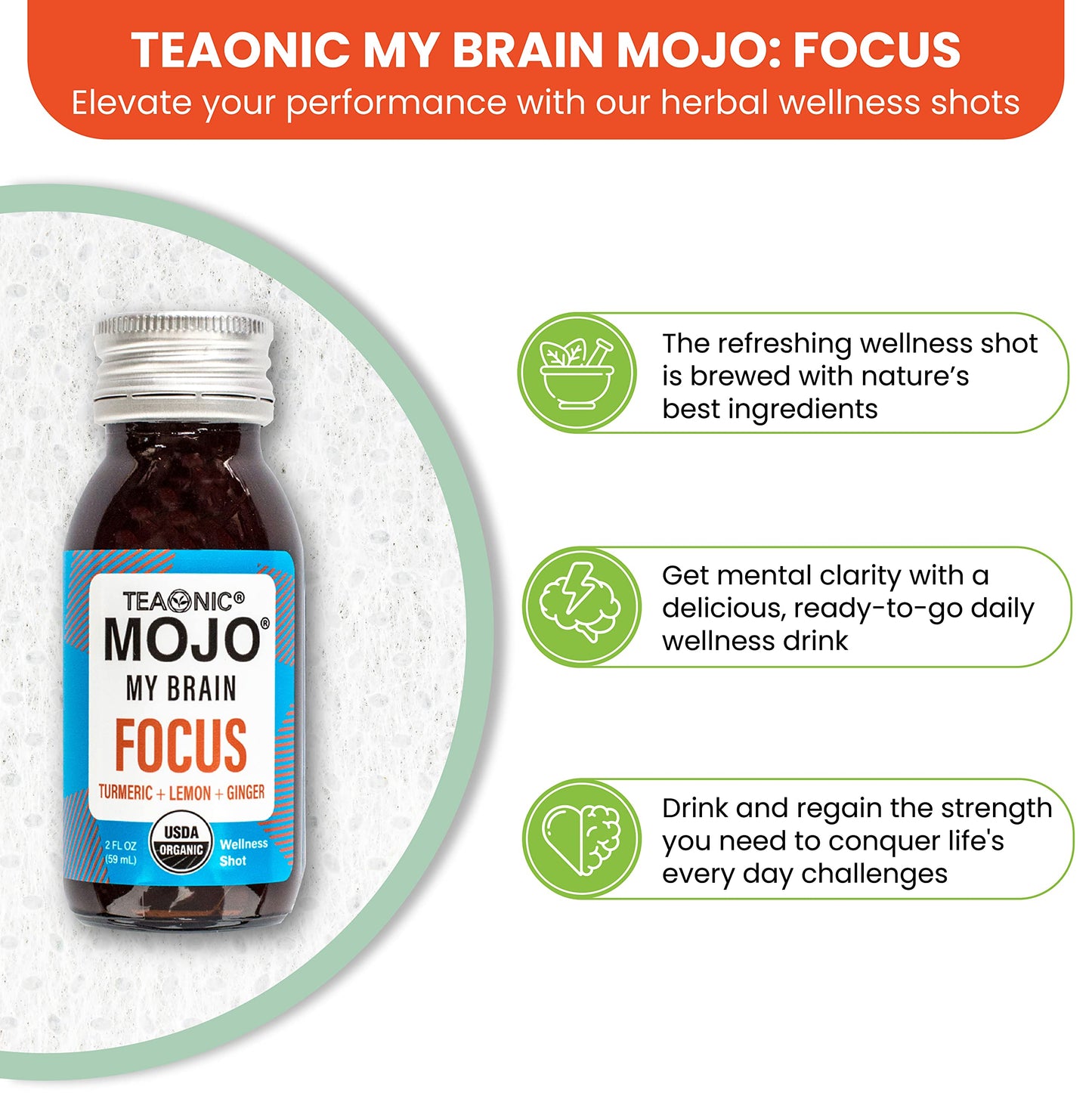 TEAONIC My Brain Mojo Focus Wellness Shots – Vegan, Gluten-Free, Non-GMO (12 x 2 fl oz)