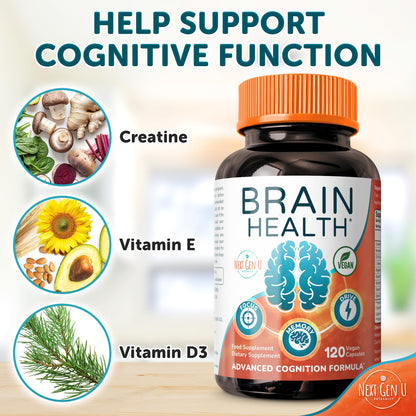 Brain Supplement - 120 Vegan Capsules | Nootropic for Memory, Focus & Cognitive Function - NextGenU