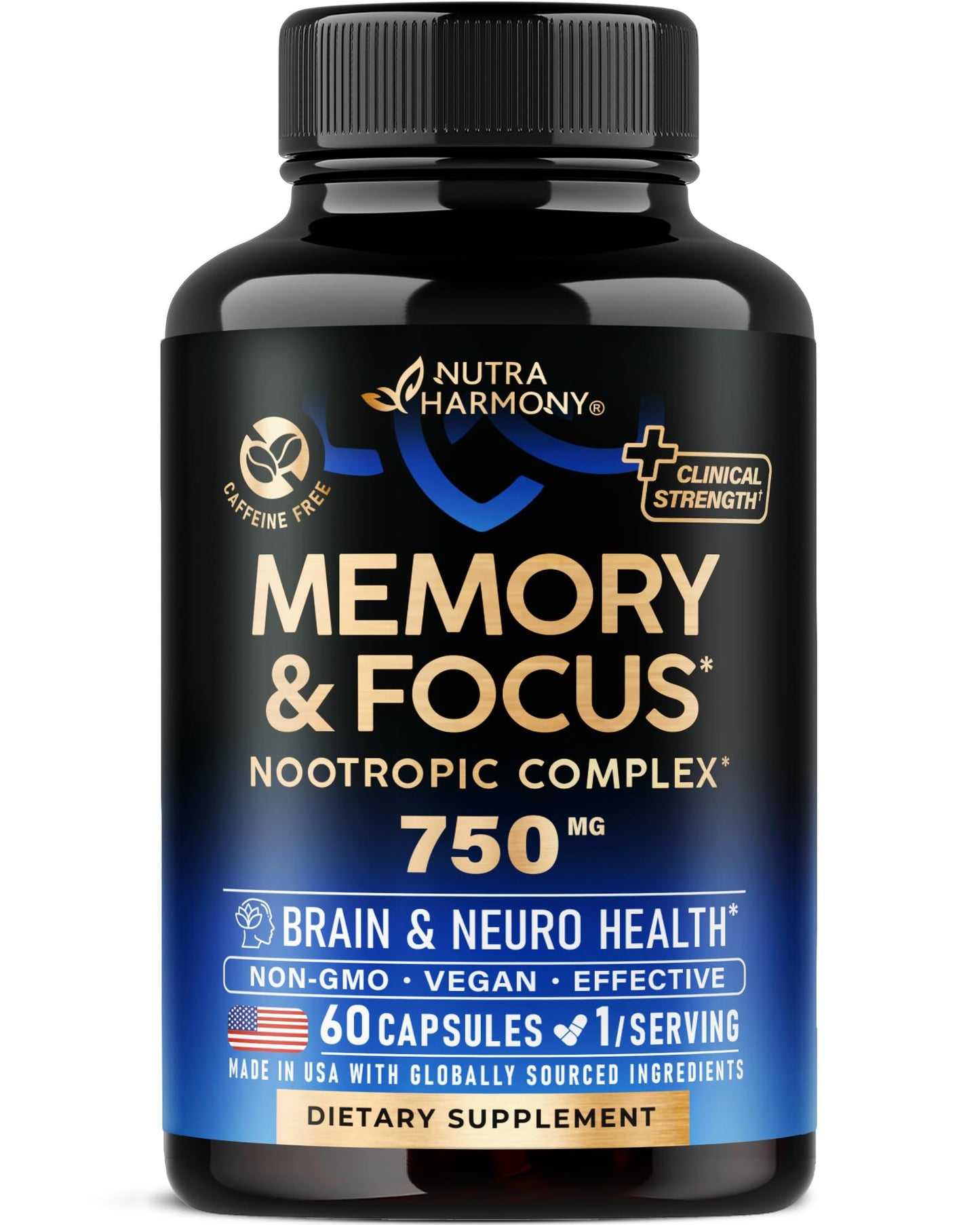 Brain Supplement 750 mg – 12-in-1 Nootropic for Memory & Focus | Made in USA, 60 Capsules
