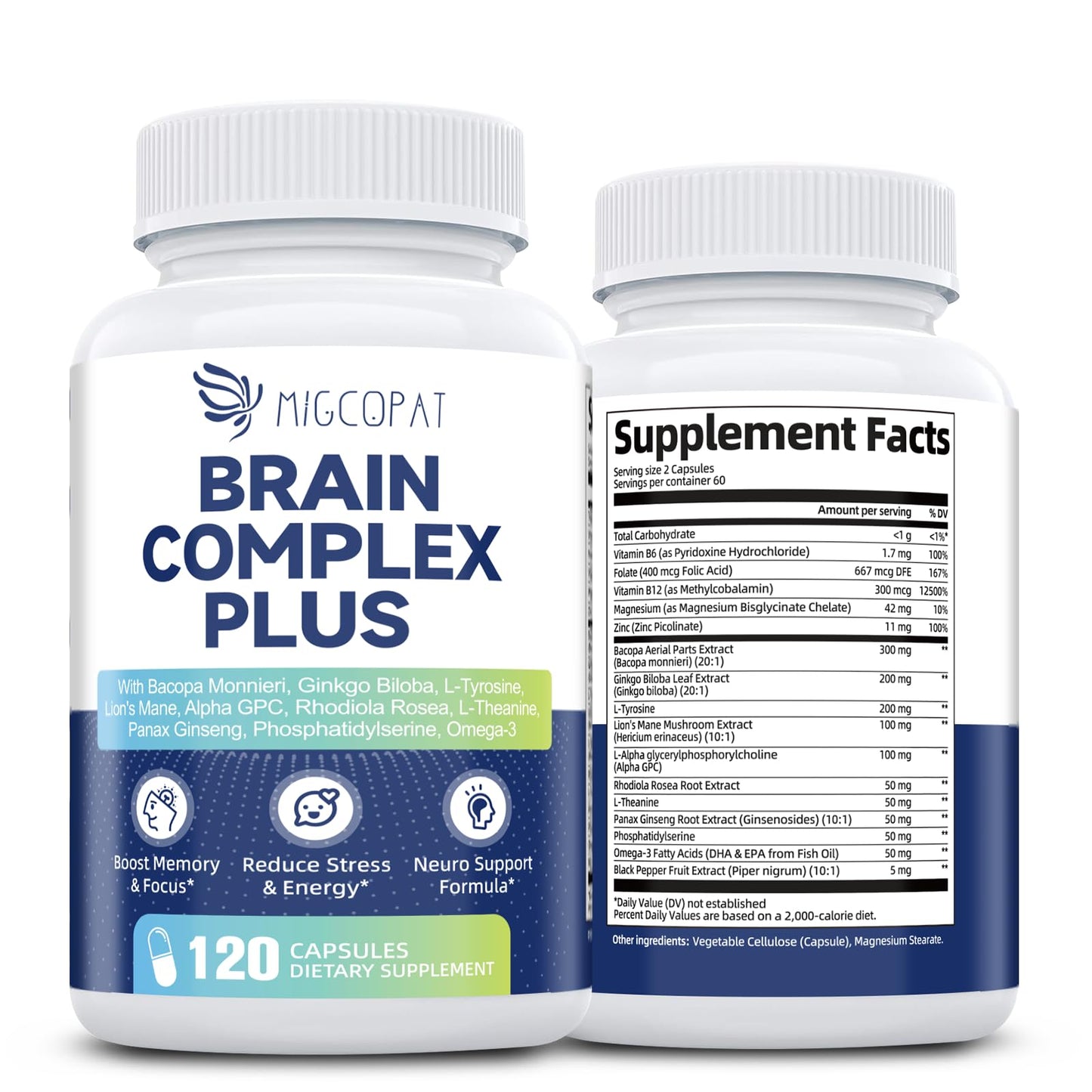 Brain Supplements for Memory & Focus – Nootropic with Bacopa Monnieri, Lion's Mane, Alpha GPC & Ginkgo (120 Caps)