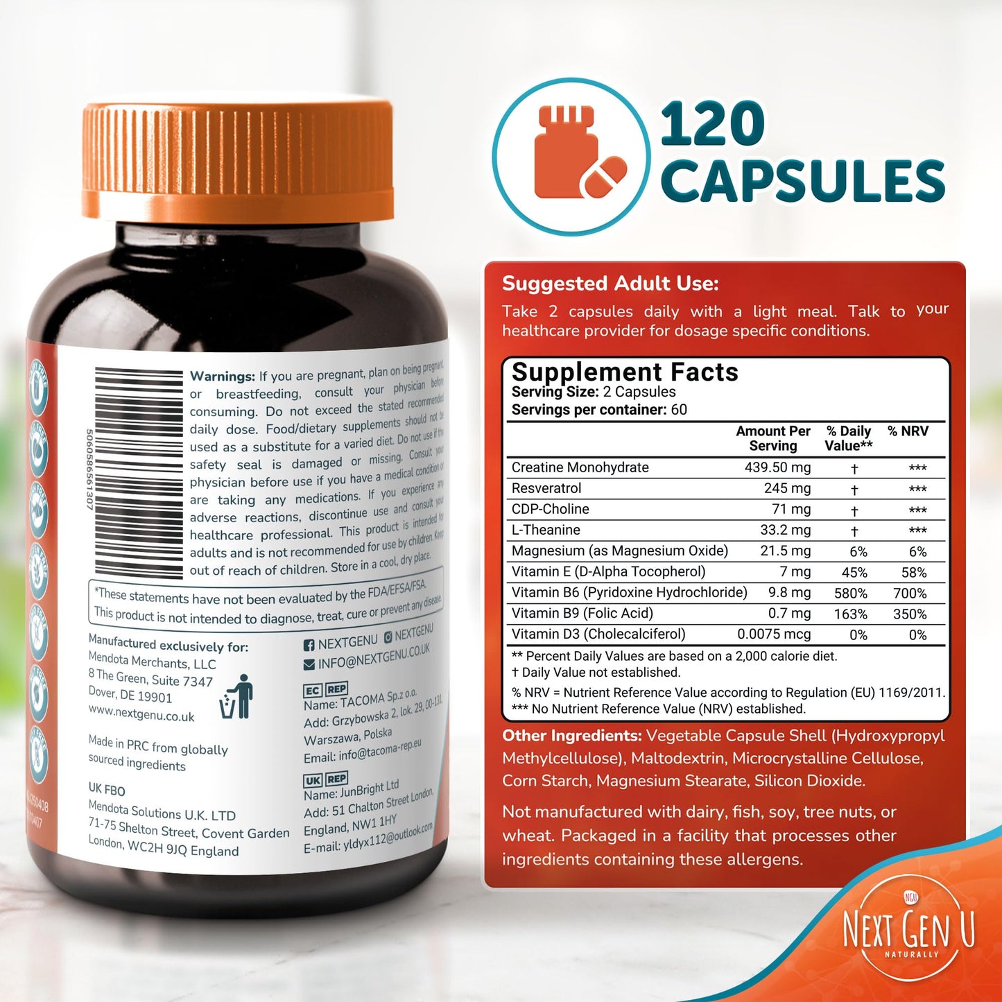 Brain Supplement - 120 Vegan Capsules | Nootropic for Memory, Focus & Cognitive Function - NextGenU