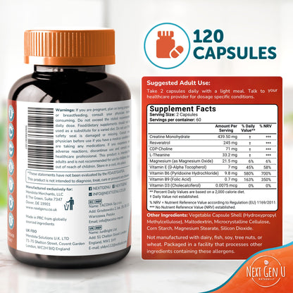 Brain Supplement - 120 Vegan Capsules | Nootropic for Memory, Focus & Cognitive Function - NextGenU
