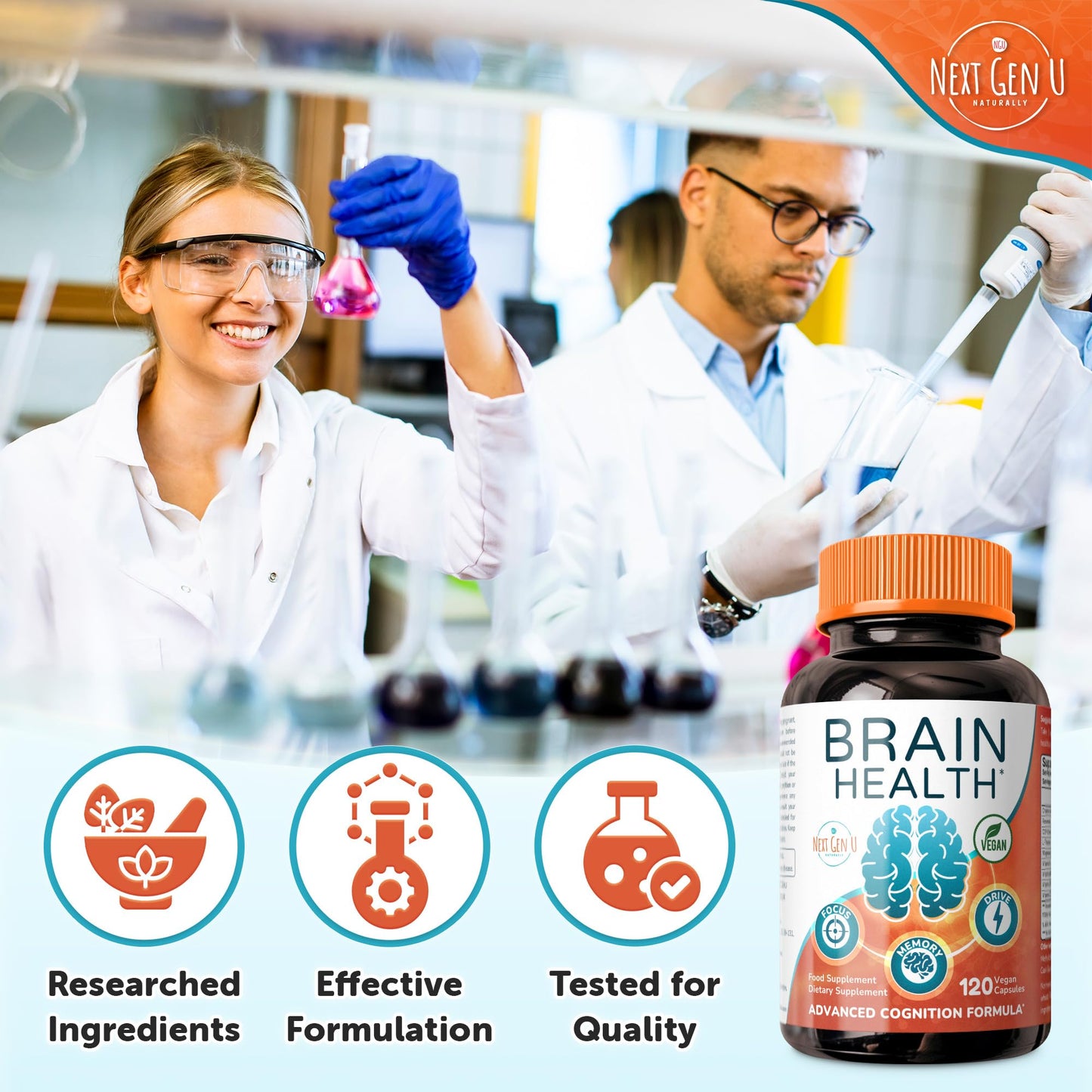 Brain Supplement - 120 Vegan Capsules | Nootropic for Memory, Focus & Cognitive Function - NextGenU