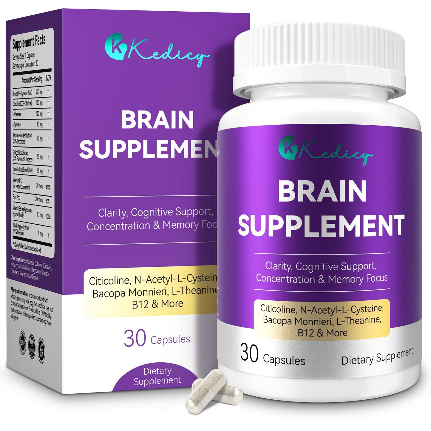 Brain Supplements for Memory and Focus - 11-in-1 NAC, B12, L-Theanine, Bacopa Monnieri | Vegan 30 Caps