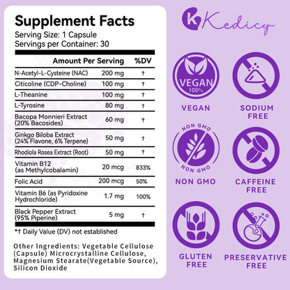 Brain Supplements for Memory and Focus - 11-in-1 NAC, B12, L-Theanine, Bacopa Monnieri | Vegan 30 Caps