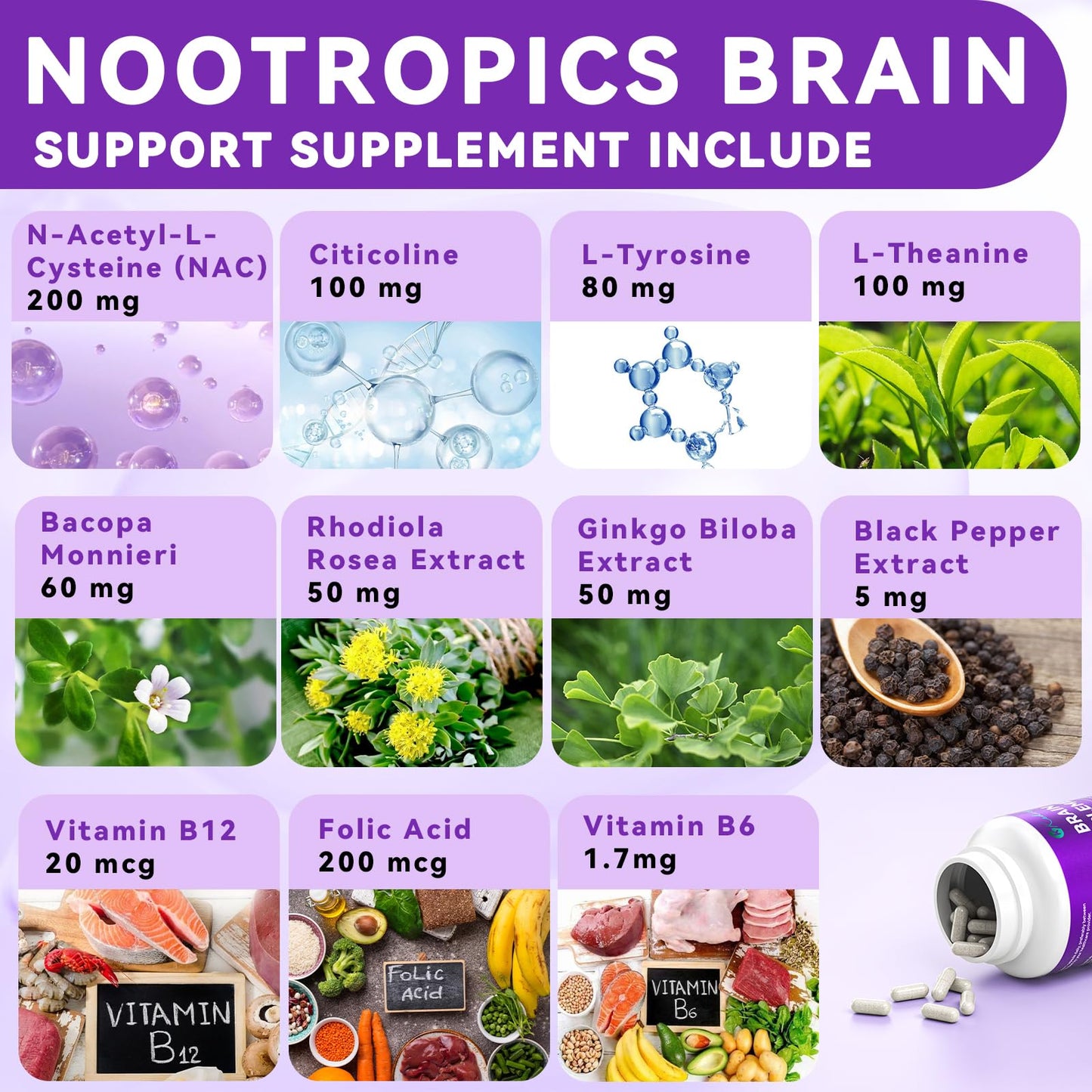 Brain Supplements for Memory and Focus - 11-in-1 NAC, B12, L-Theanine, Bacopa Monnieri | Vegan 30 Caps