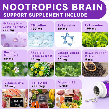 Brain Supplements for Memory and Focus - 11-in-1 NAC, B12, L-Theanine, Bacopa Monnieri | Vegan 30 Caps
