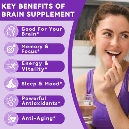 Brain Supplements for Memory and Focus - 11-in-1 NAC, B12, L-Theanine, Bacopa Monnieri | Vegan 30 Caps