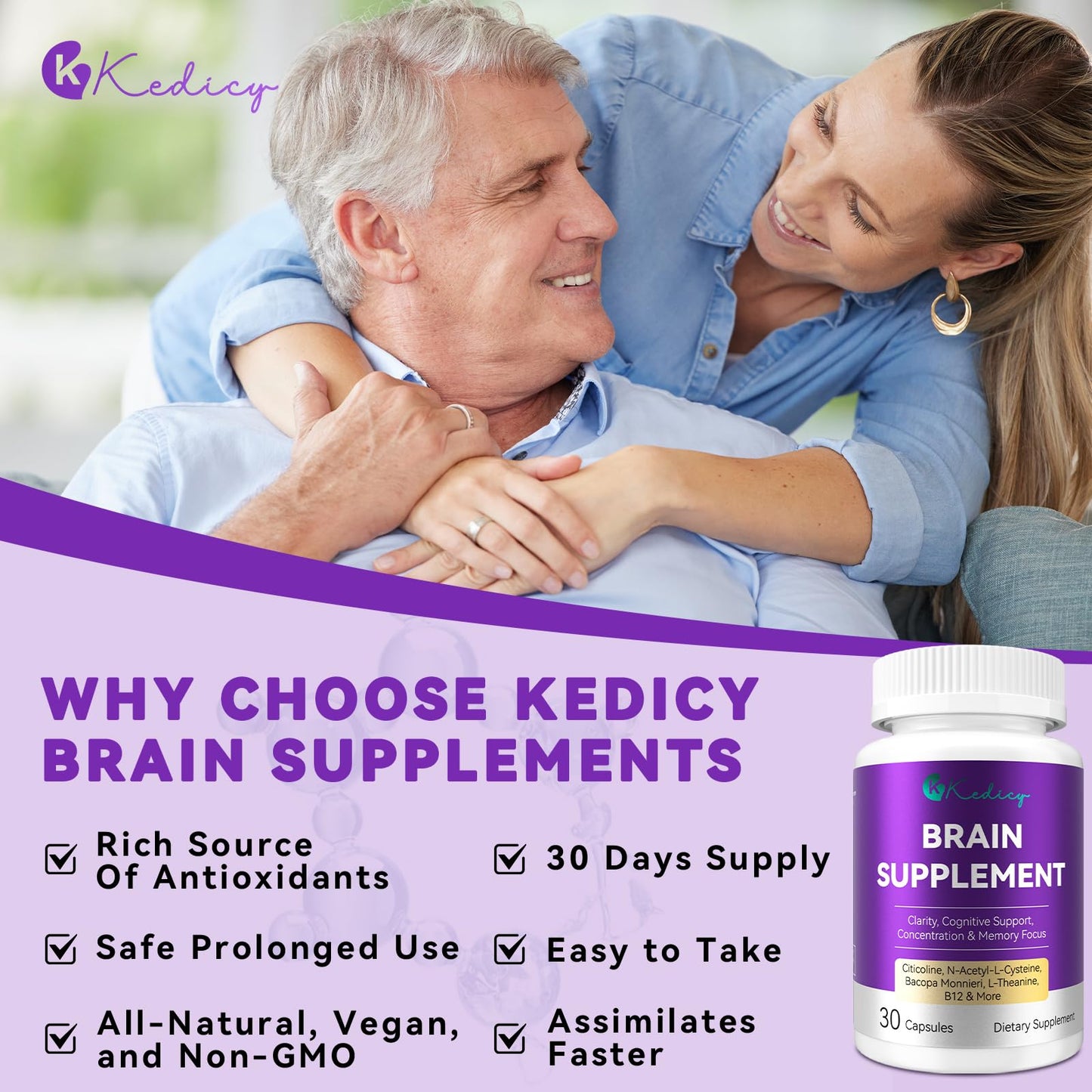 Brain Supplements for Memory and Focus - 11-in-1 NAC, B12, L-Theanine, Bacopa Monnieri | Vegan 30 Caps
