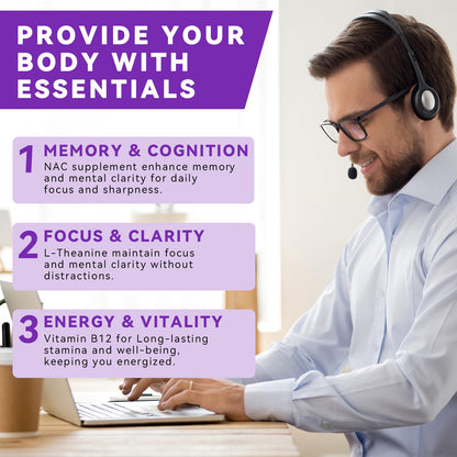Brain Supplements for Memory and Focus - 11-in-1 NAC, B12, L-Theanine, Bacopa Monnieri | Vegan 30 Caps