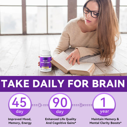 Brain Supplements for Memory and Focus - 11-in-1 NAC, B12, L-Theanine, Bacopa Monnieri | Vegan 30 Caps