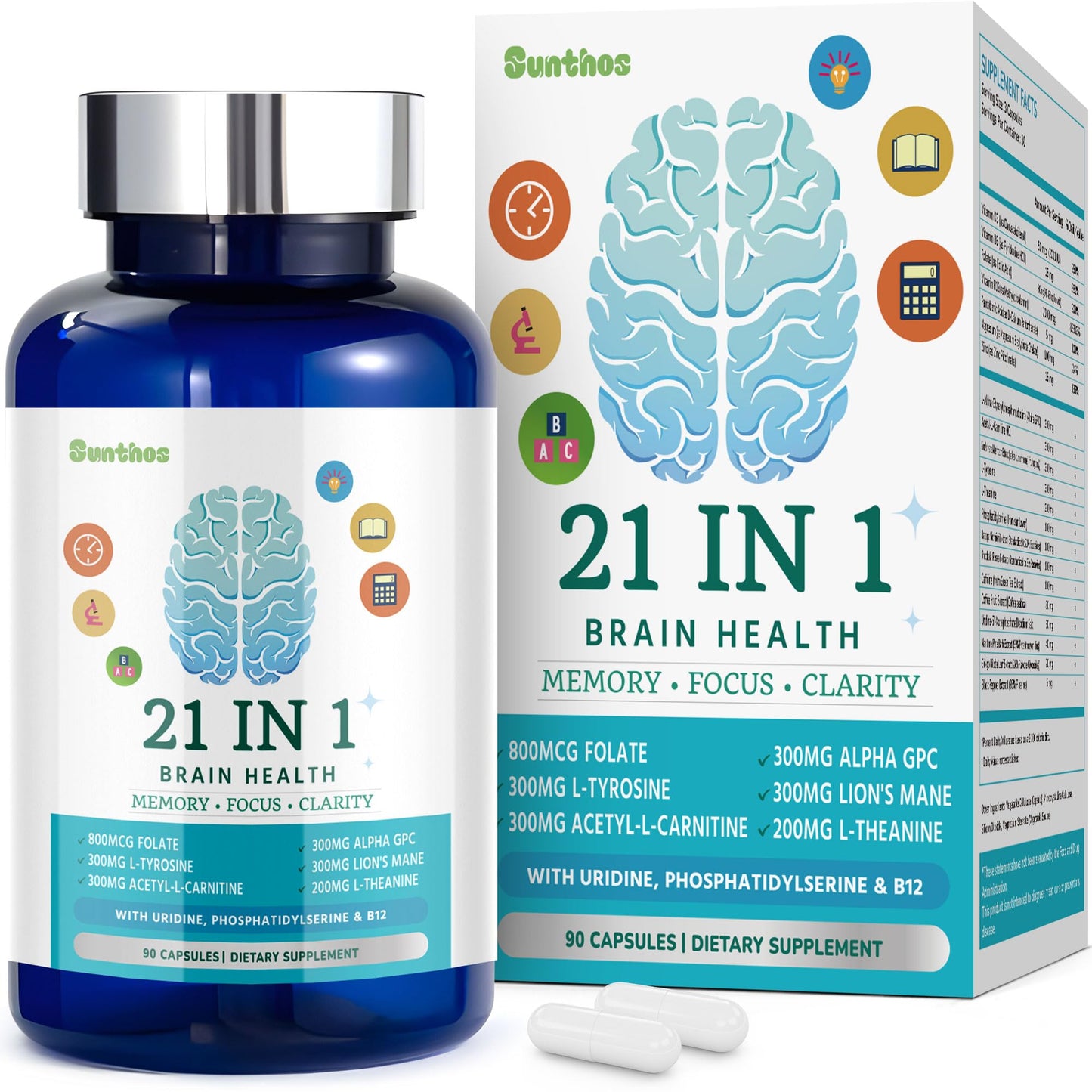 Brain Supplements for Memory and Focus – 21-in-1 Brain Support, 90 Capsules