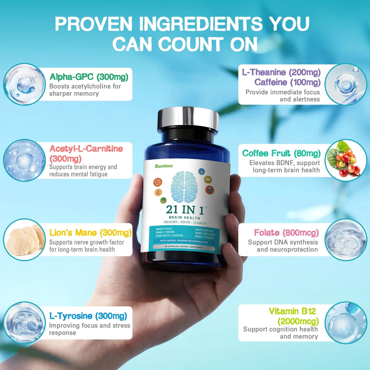 Brain Supplements for Memory and Focus – 21-in-1 Brain Support, 90 Capsules