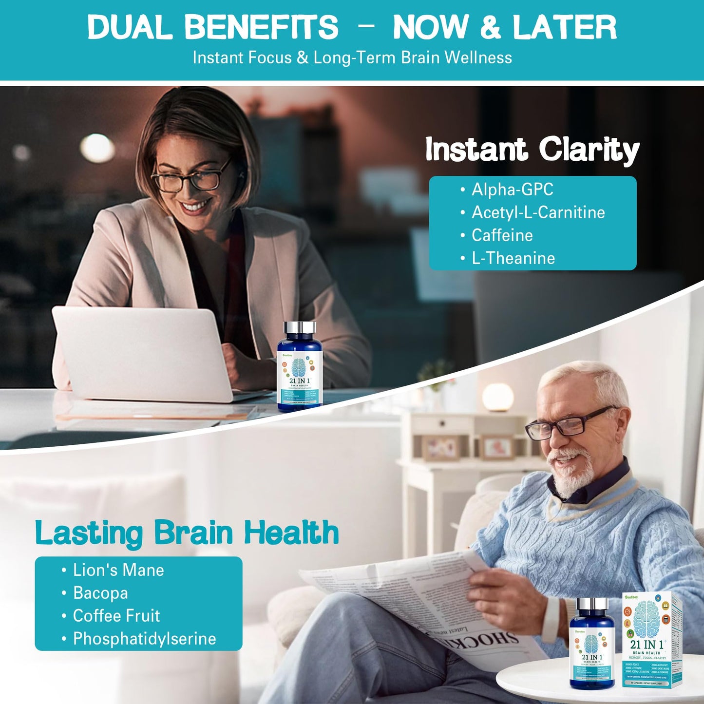 Brain Supplements for Memory and Focus – 21-in-1 Brain Support, 90 Capsules