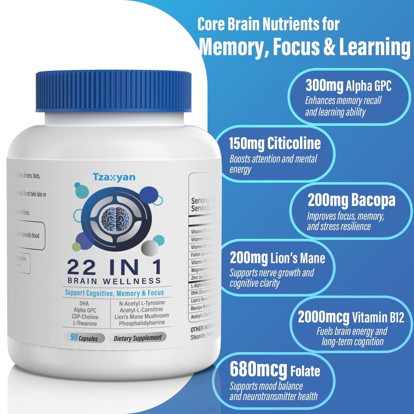 Brain Supplements for Memory and Focus, Clarity & Cognitive Improvement, 300mg Alpha GPC, CDP-Choline, DHA, Lion’s Mane, L-Theanine, Vitamin B6 B12 & Phosphatidylserine for Men & Women, 90 Capsules