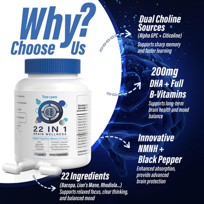 Brain Supplements for Memory and Focus, Clarity & Cognitive Improvement, 300mg Alpha GPC, CDP-Choline, DHA, Lion’s Mane, L-Theanine, Vitamin B6 B12 & Phosphatidylserine for Men & Women, 90 Capsules