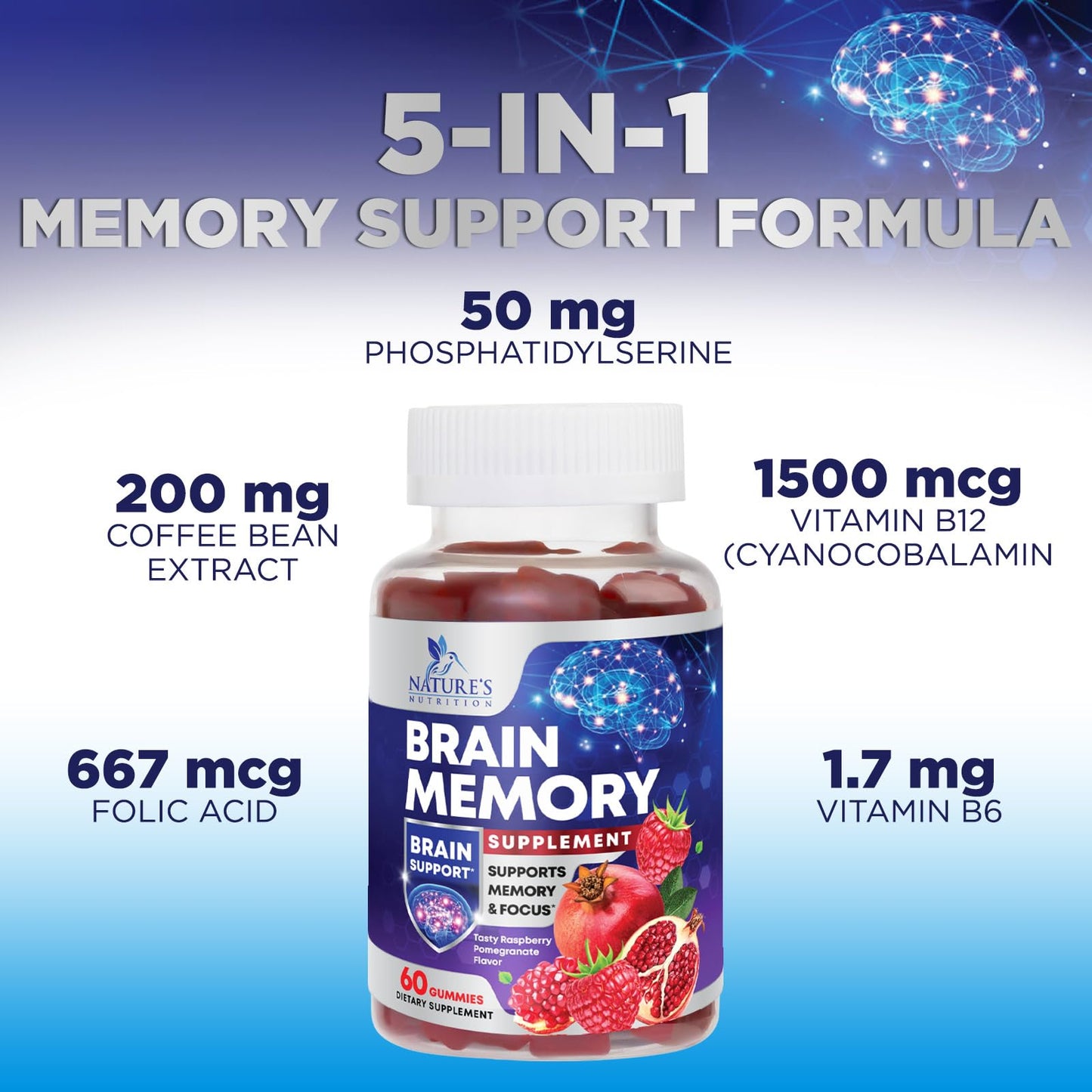 Brain Supplements for Memory & Focus Gummies - 60 Vegan Gummies | Nature's Nutrition