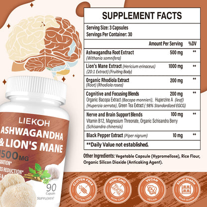 Ashwagandha & Lions Mane Capsules for Memory, Focus – 90 Caps