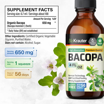 BIO KRAUTER Bacopa Monnieri Liquid – Brain Support Drops (Alcohol & Sugar Free) 4 Fl Oz