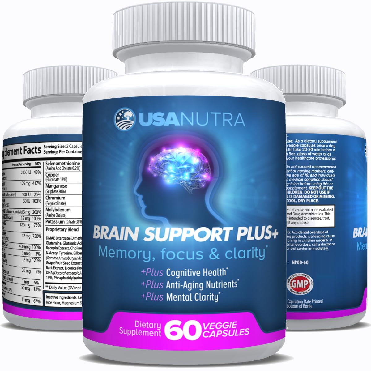 Brain Support Plus – Brain Supplement for Memory, Focus & Clarity | 1000mg, 60 Capsules, Made in USA