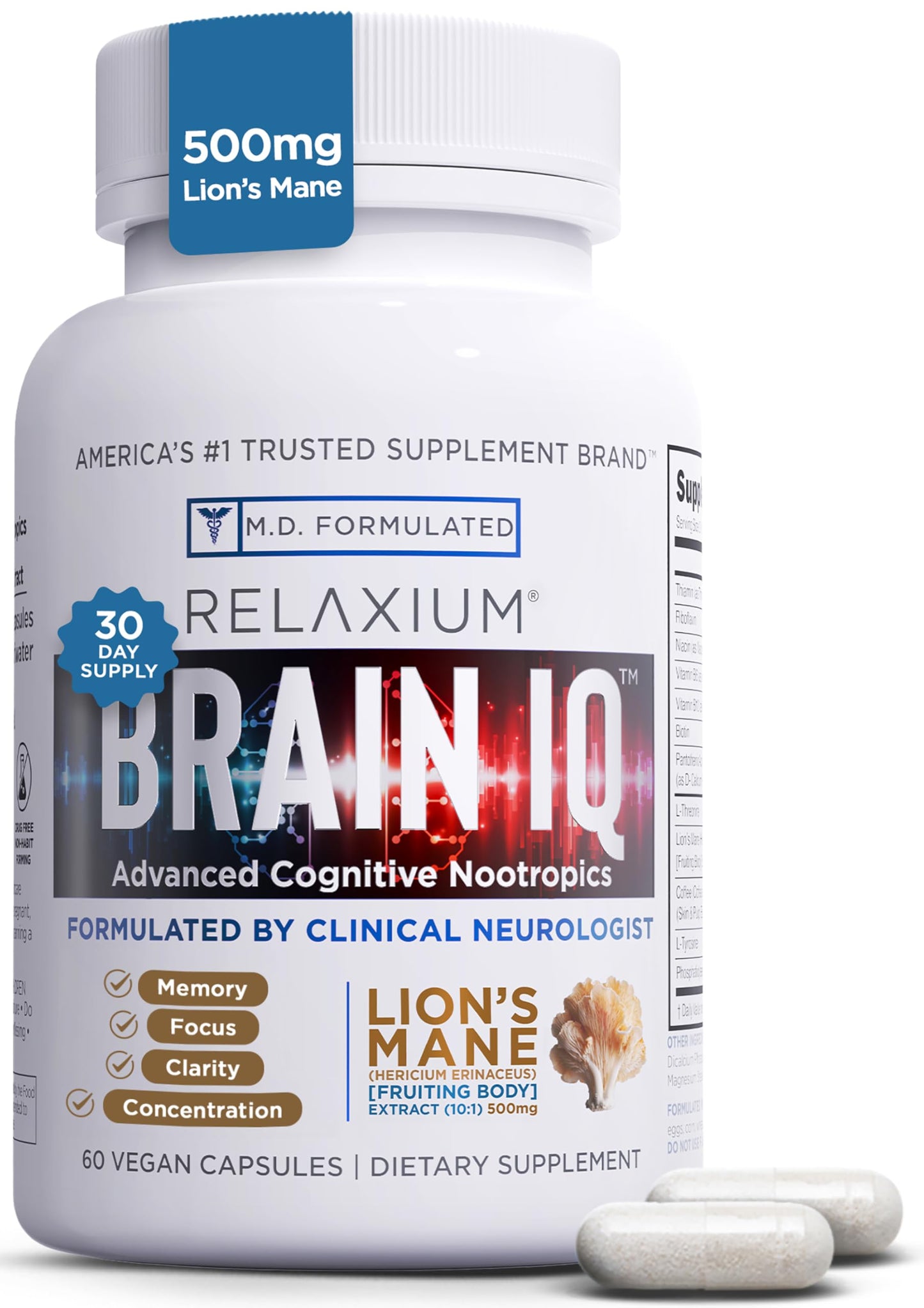 Relaxium BrainIQ Nootropic - Memory & Cognitive Support | Lion's Mane, L-threonine & Coffee Extract | 60 Count