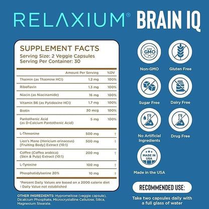 Relaxium BrainIQ Nootropic - Memory & Cognitive Support | Lion's Mane, L-threonine & Coffee Extract | 60 Count