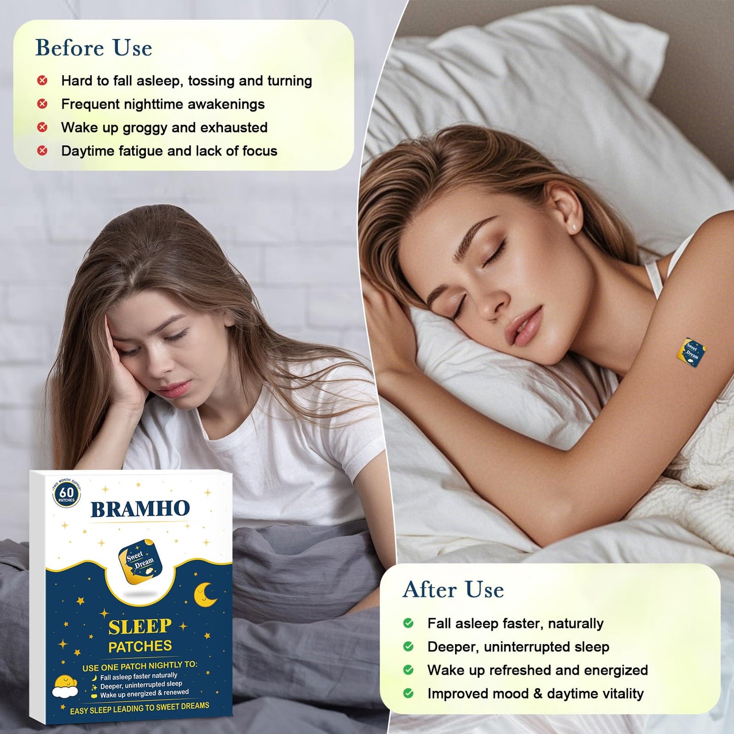 BRAMHO Sleep Patches – Plant-Based Sleep Aid with Melatonin, Magnesium & Sour Cherry (2 Box, 120 Count)