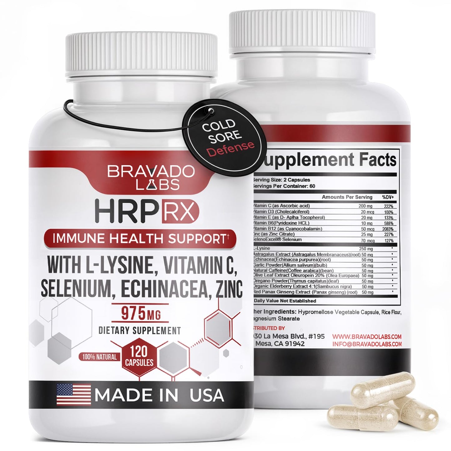 Bravado Labs L-Lysine 250mg Capsules – Immune & Cold Sore Support – Vegan, Non-GMO, Allergen-Free, 3rd-Party Tested, Lisina 1000 mg Organica - Made in USA