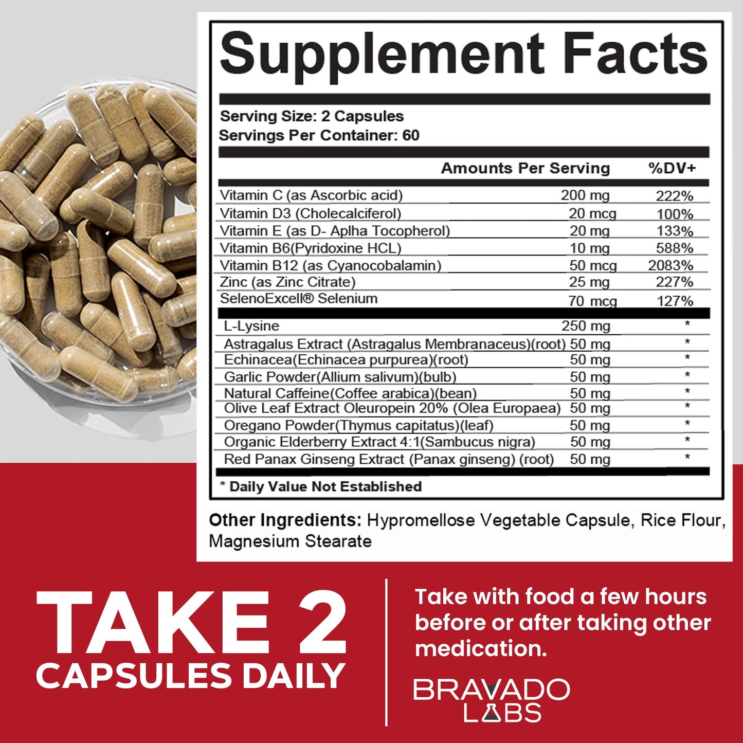 Bravado Labs L-Lysine 250mg Capsules – Immune & Cold Sore Support – Vegan, Non-GMO, Allergen-Free, 3rd-Party Tested, Lisina 1000 mg Organica - Made in USA