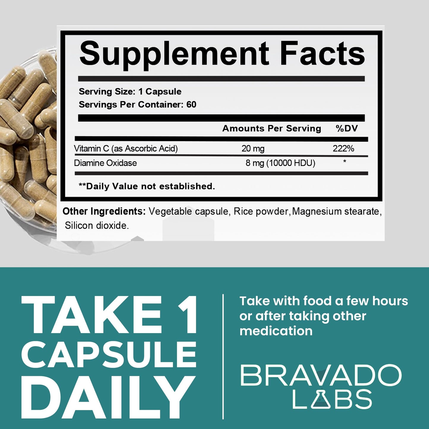Bravado Labs Histamine Blocker – DAO Enzyme + Vitamin C, 60 Caps, Made in USA