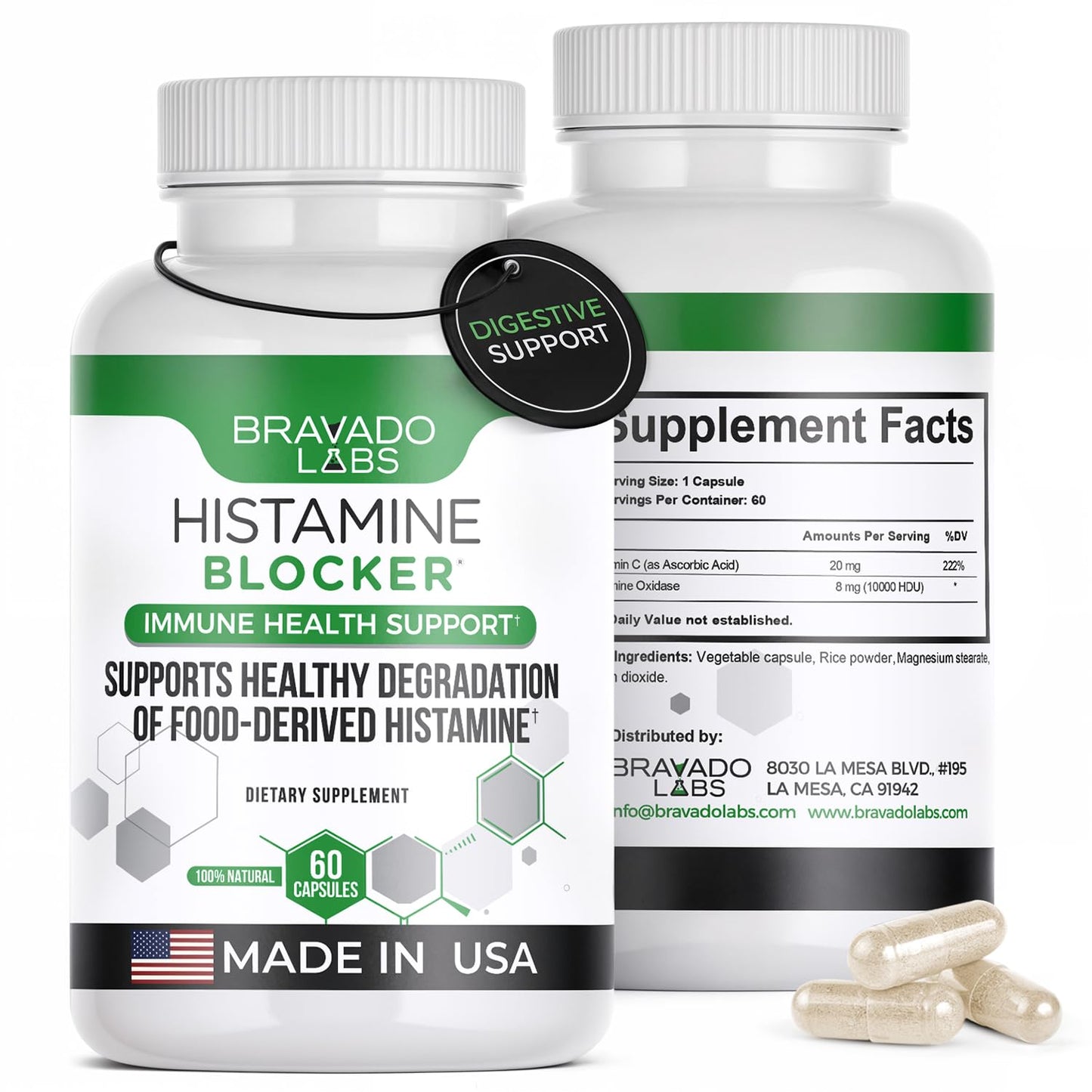 Bravado Labs Histamine Blocker – DAO Enzyme + Vitamin C, 60 Caps, Made in USA