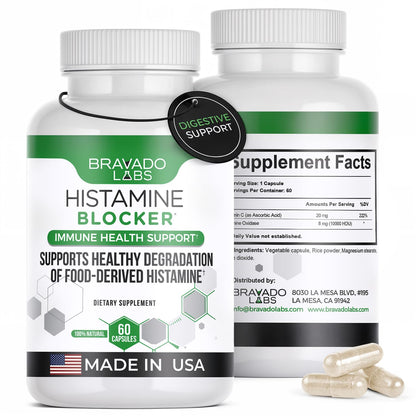 Bravado Labs Histamine Blocker – DAO Enzyme + Vitamin C, 60 Caps, Made in USA