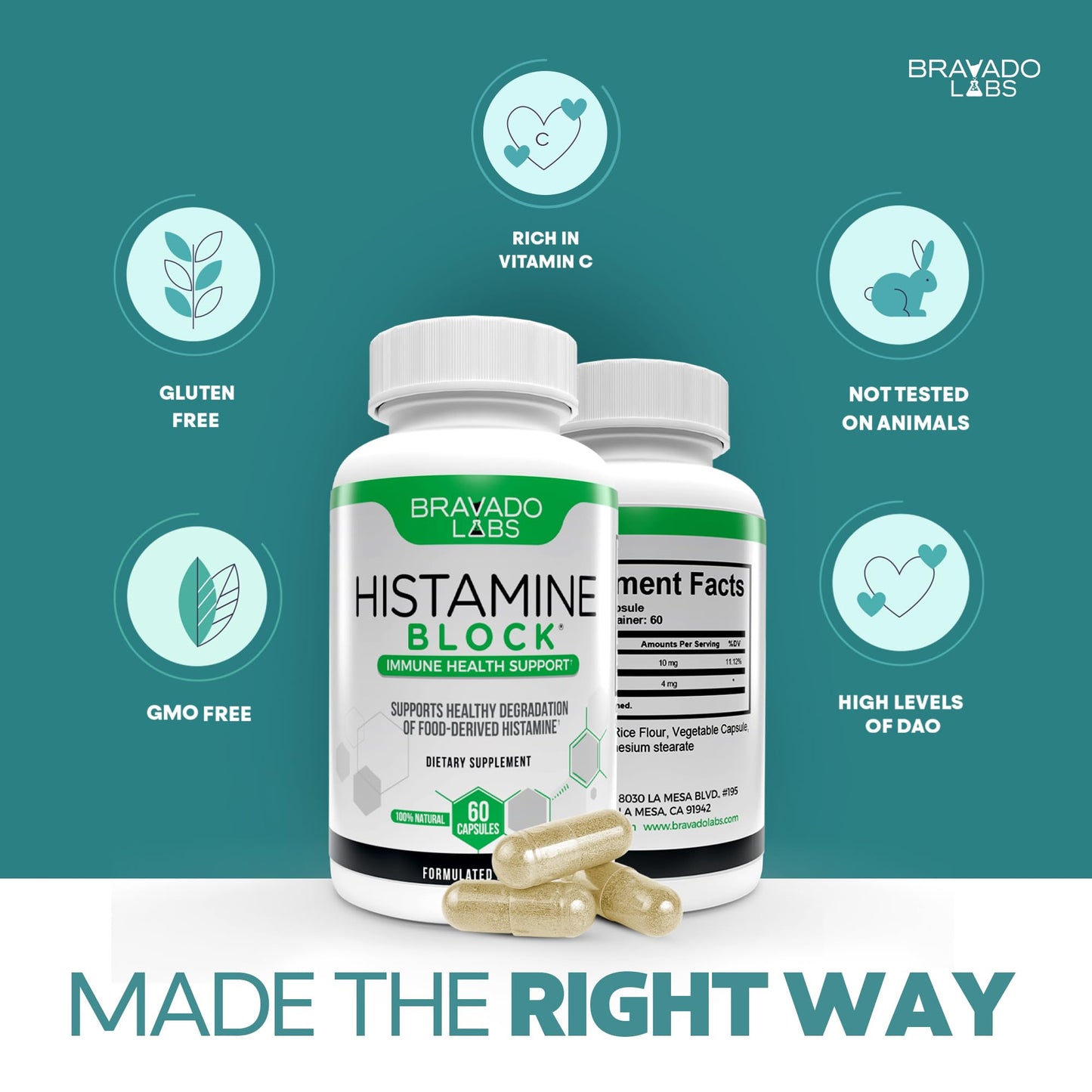 Bravado Labs Histamine Blocker – DAO Enzyme + Vitamin C, 60 Caps, Made in USA