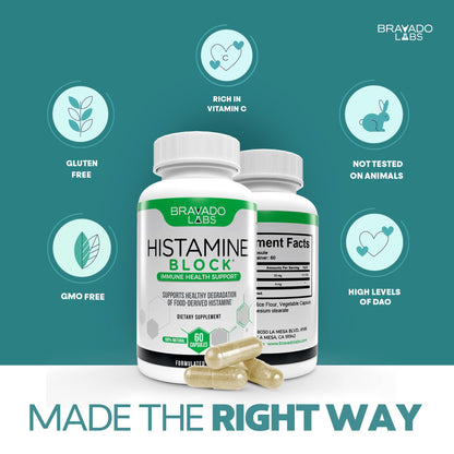 Bravado Labs Histamine Blocker – DAO Enzyme + Vitamin C, 60 Caps, Made in USA