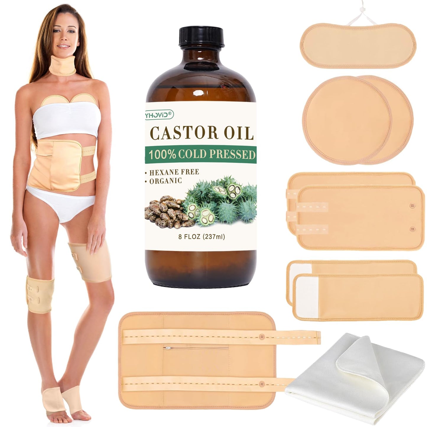 10 Pcs Organic Cotton Castor Oil Pack Wrap – Reusable Castor Oil Packs for Stomach, Neck, Knee, Foot, Women & Entire Body