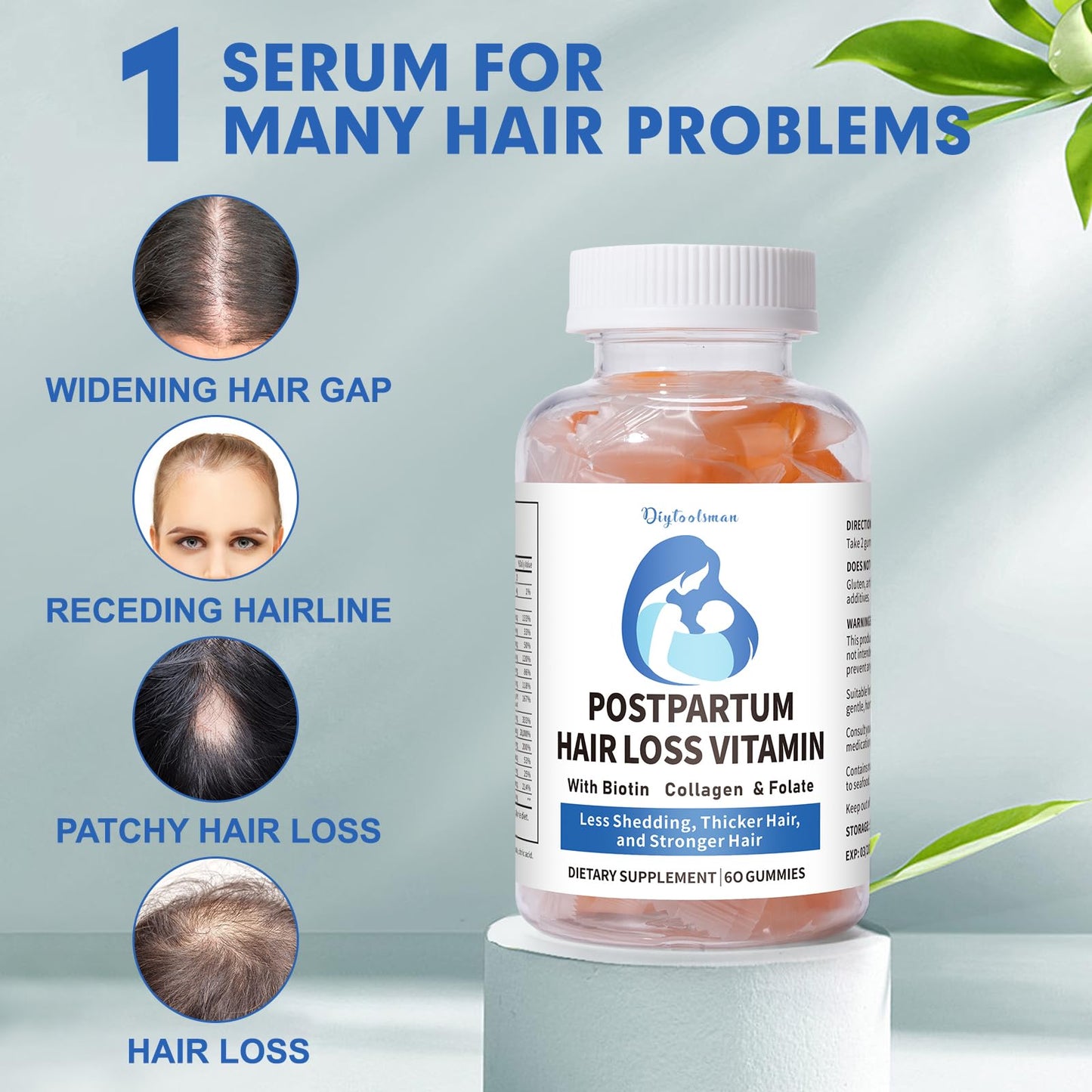 Postpartum Hair Loss Vitamin Gummies – Vegan Biotin, Collagen & Folate (60 Gummies)