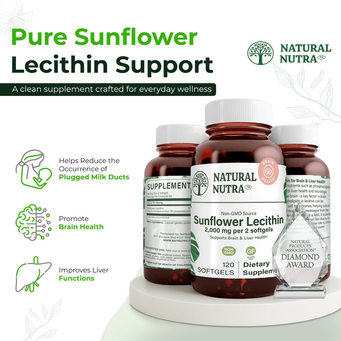 Natural Nutra Sunflower Lecithin 2000 mg | Supports Breastfeeding, Liver & Brain Health – Soy Free, Non-GMO, Gluten Free