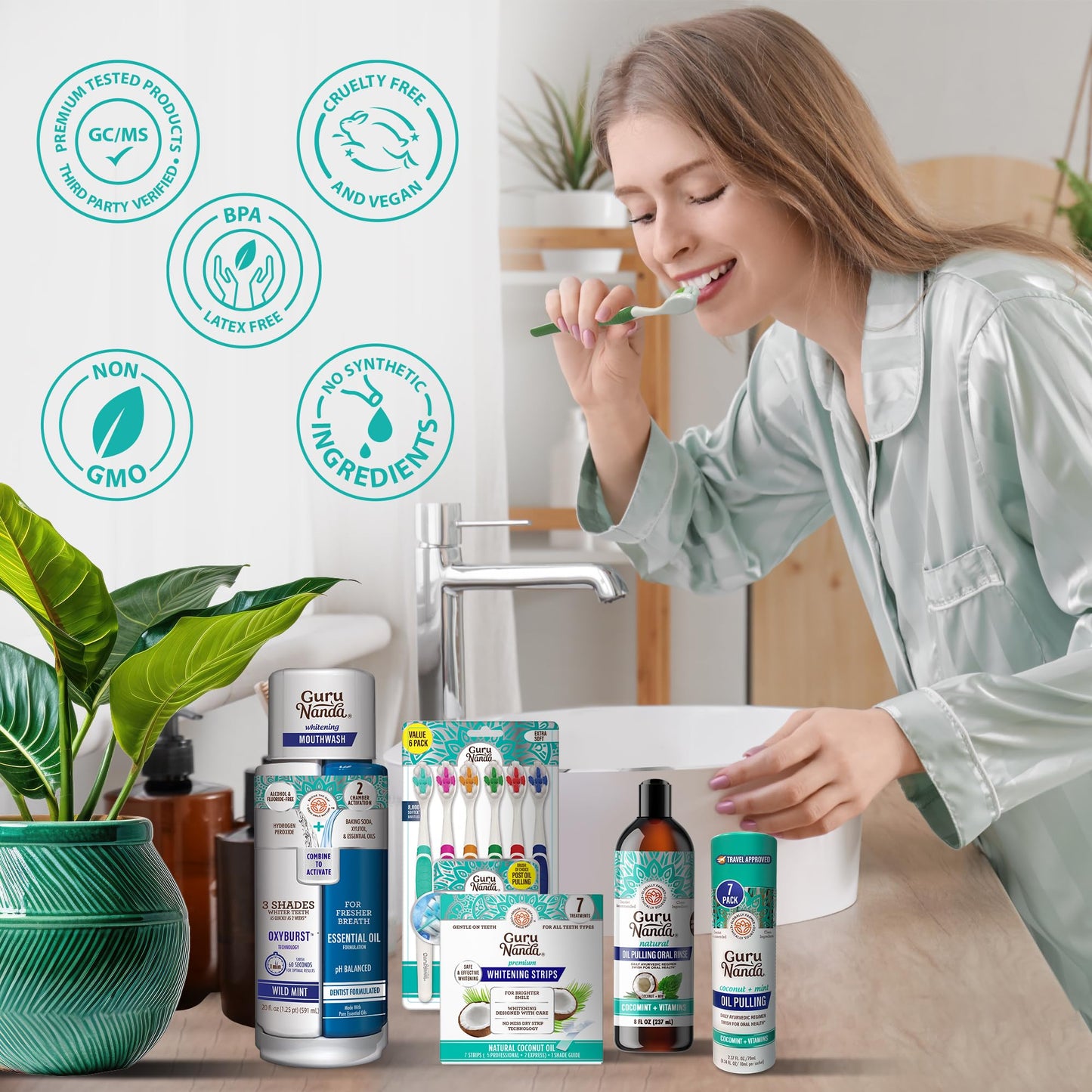 GuruNanda Total Smile Makeover Kit Regular | Cocomint Oil Pulling, Dual Barrel Whitening Mouthwash, Whitening Strips & Butter on Gums Toothbrushes