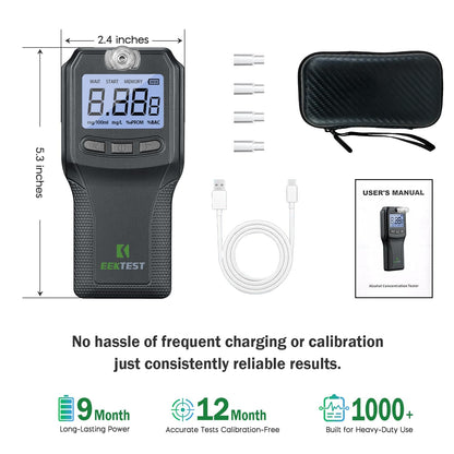Breathalyzer with Fuel Cell Sensor - Police-Grade Alcohol Tester for Home Use (10 Mouthpieces)
