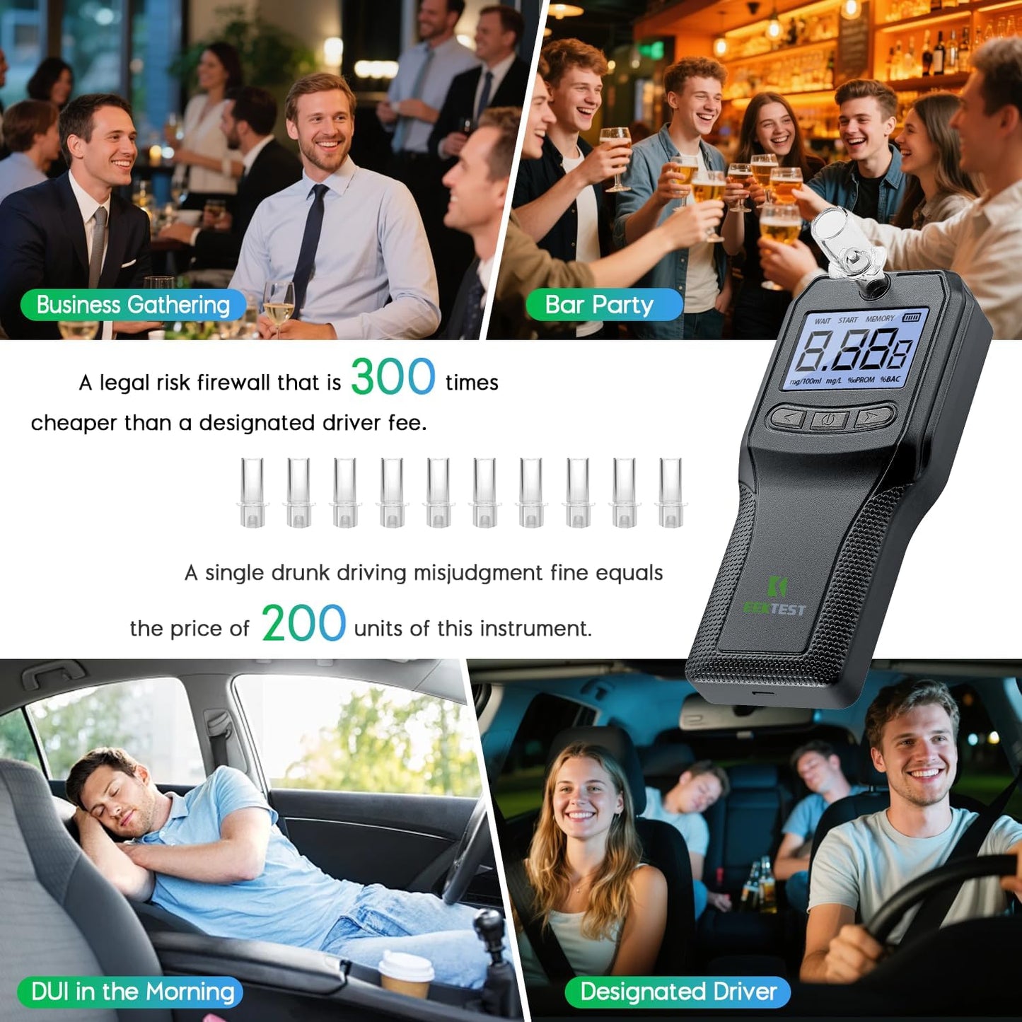Breathalyzer with Fuel Cell Sensor - Police-Grade Alcohol Tester for Home Use (10 Mouthpieces)