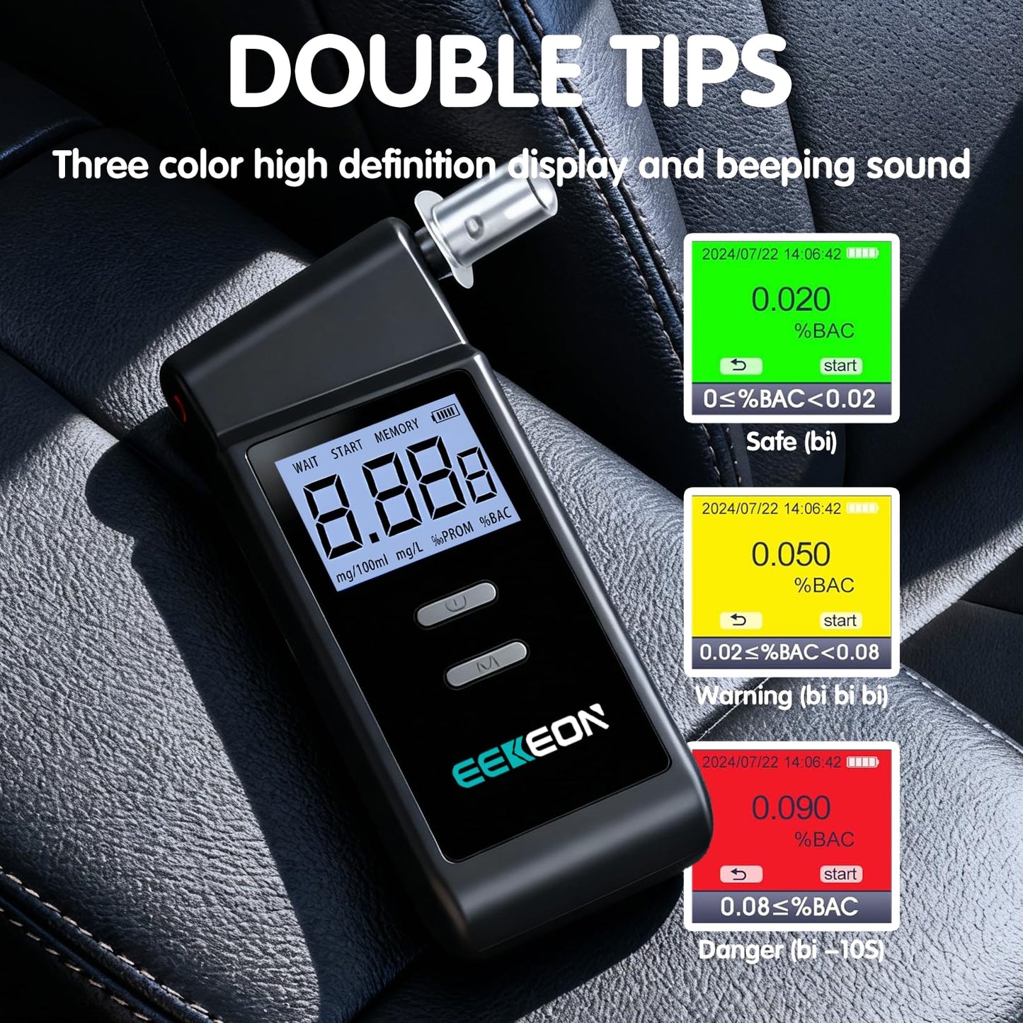 Breathalyzer Fuel Cell Alcohol Tester - Professional-Grade, 3-Color Warning, 123 Records