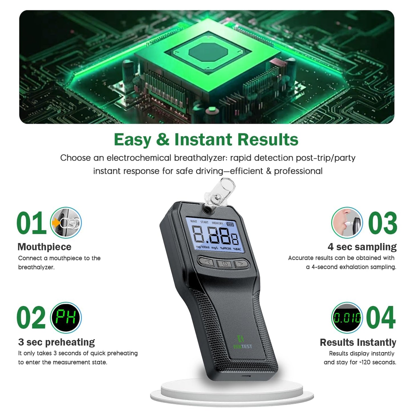 Breathalyzer with Fuel Cell Sensor - Police-Grade Alcohol Tester for Home Use (10 Mouthpieces)