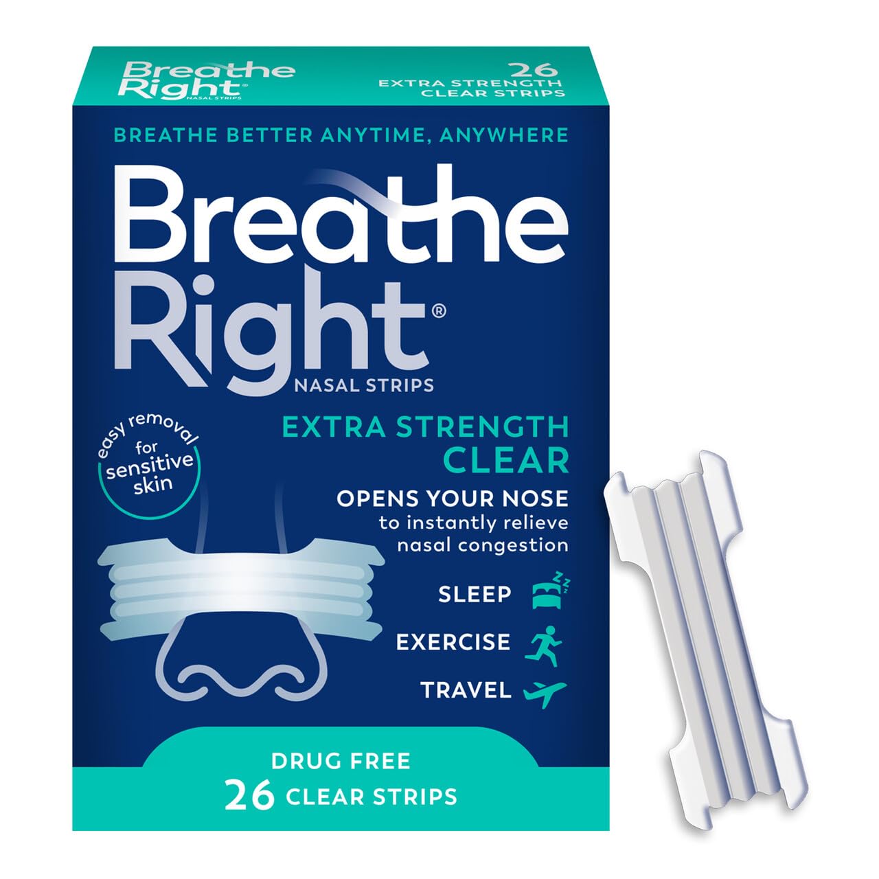 Breathe Right Nasal Strips Extra Strength – Clear & Sensitive-Skin (26 Count)