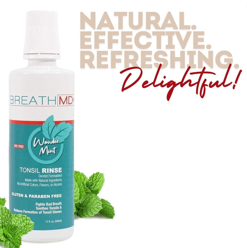BreathMD Tonsil Rinse - Natural Tonsil Stone Remover Mouthwash - Dentist Formulated - Alcohol Free, Dye Free, Gluten Free - Wonder Mint - Made in USA