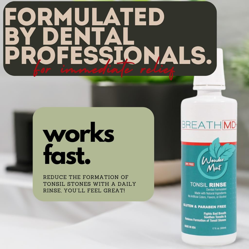 BreathMD Tonsil Rinse - Natural Tonsil Stone Remover Mouthwash - Dentist Formulated - Alcohol Free, Dye Free, Gluten Free - Wonder Mint - Made in USA