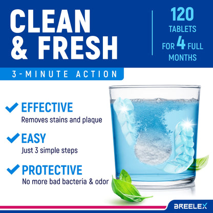 Breelex Denture Cleaning Tablets - 120 Retainer Cleaner Tablets for Aligner, Mouth & Night Guard - FSA HSA Approved Products - Dental Cleanser for Nightguard - Fresh in 3 Minute - Denture Cleaner