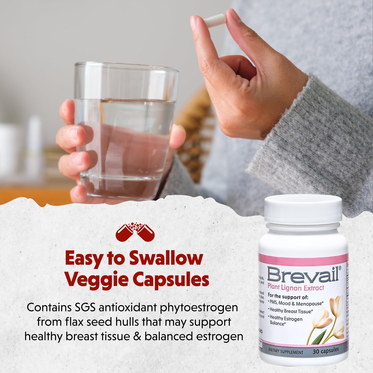 Brevail Plant Lignan Extract Capsules | Proactive Breast Health | 50 mg SDG Lignans from Flax Hulls | Estrogen Balance & PMS Mood Support | 30 Count