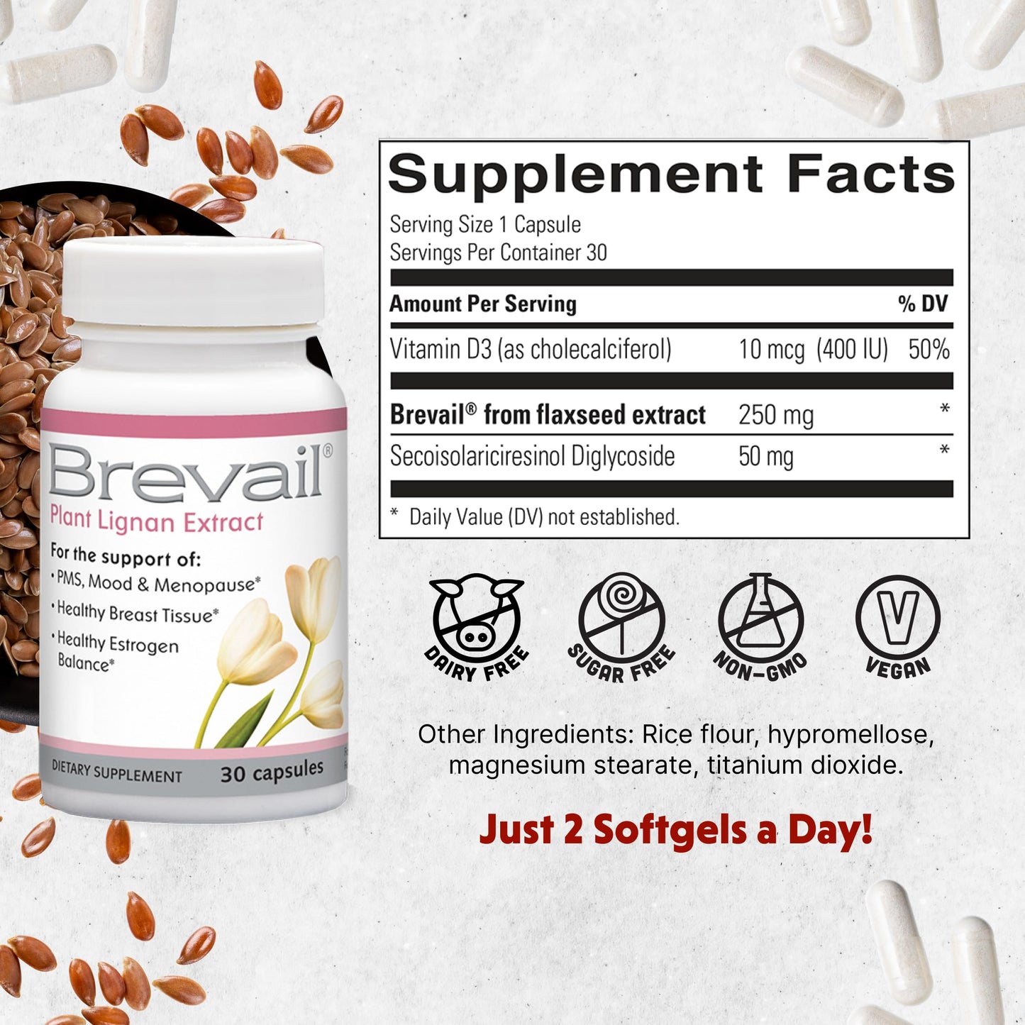 Brevail Plant Lignan Extract Capsules | Proactive Breast Health | 50 mg SDG Lignans from Flax Hulls | Estrogen Balance & PMS Mood Support | 30 Count