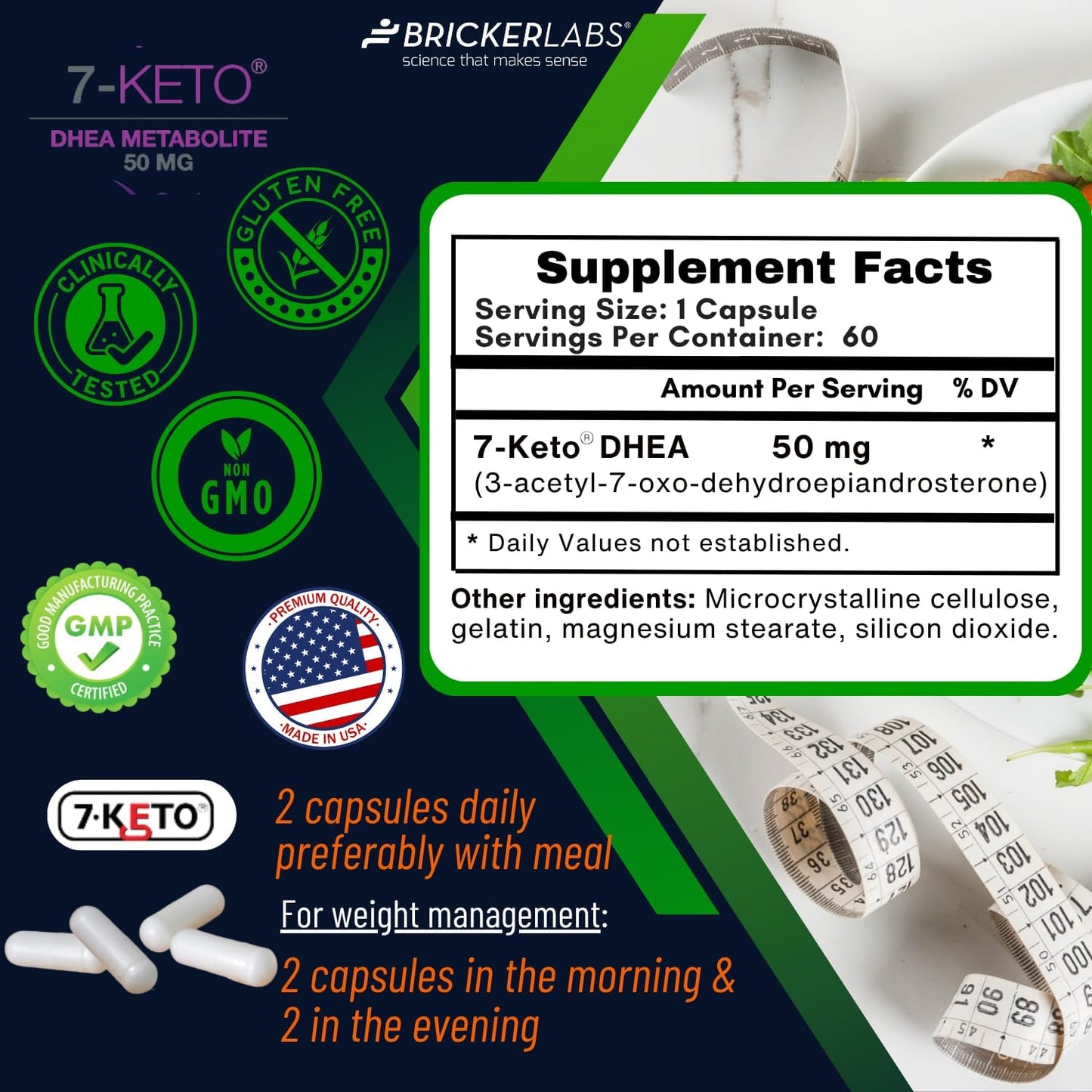 Bricker Labs 7-Keto DHEA Metabolite 50 mg – Metabolic Support & Energy Balance, 60 Capsules