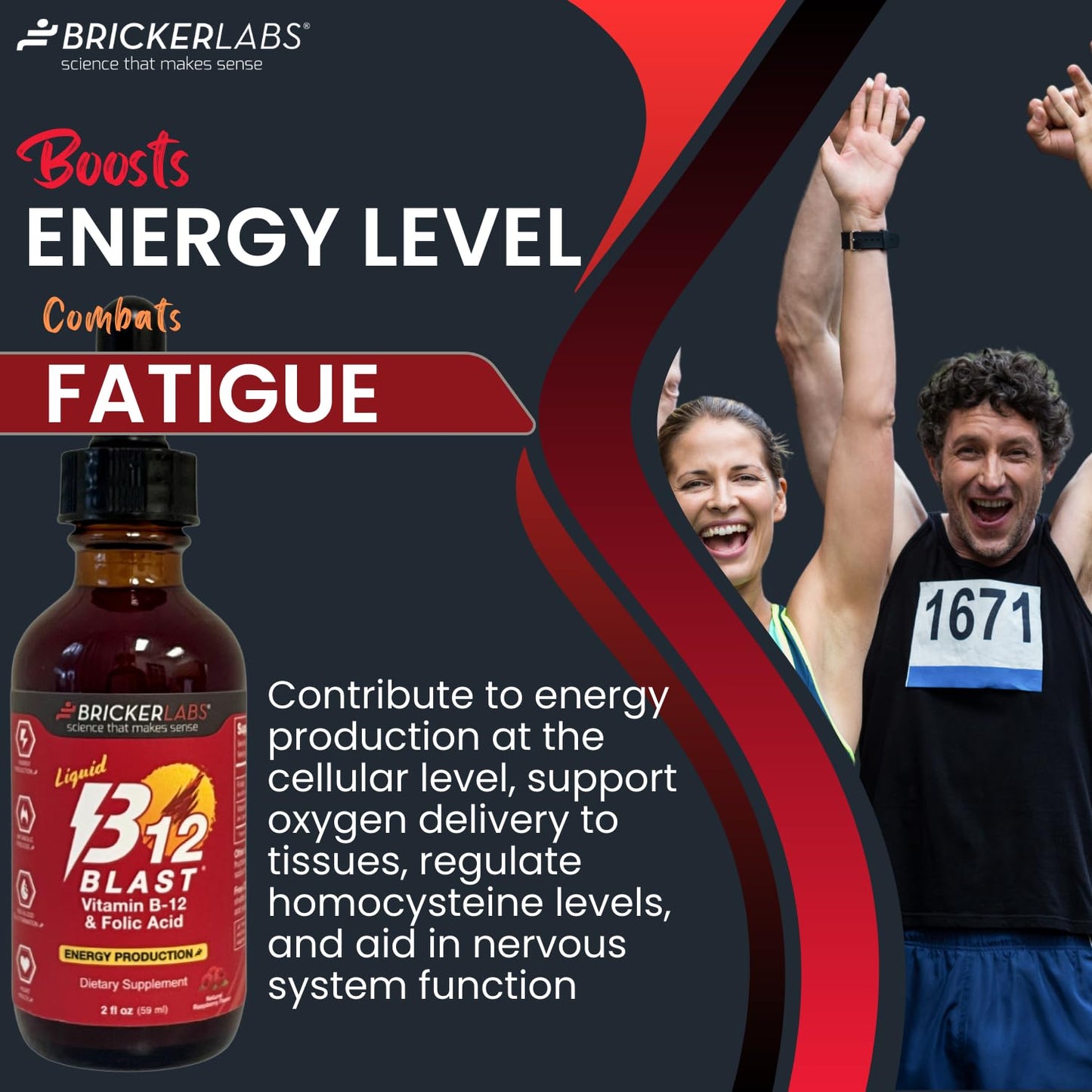 Bricker Labs B-12 Blast Liquid Vitamin B12 & Folic Acid – Energy Support, Raspberry Flavor, 2 fl oz